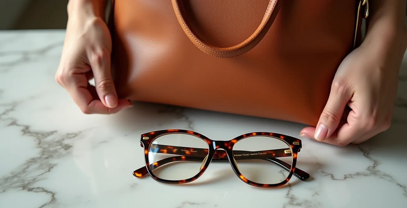 Gros plan sur les mains d'une femme tenant un sac en cuir structuré, avec des lunettes design posées à côté
