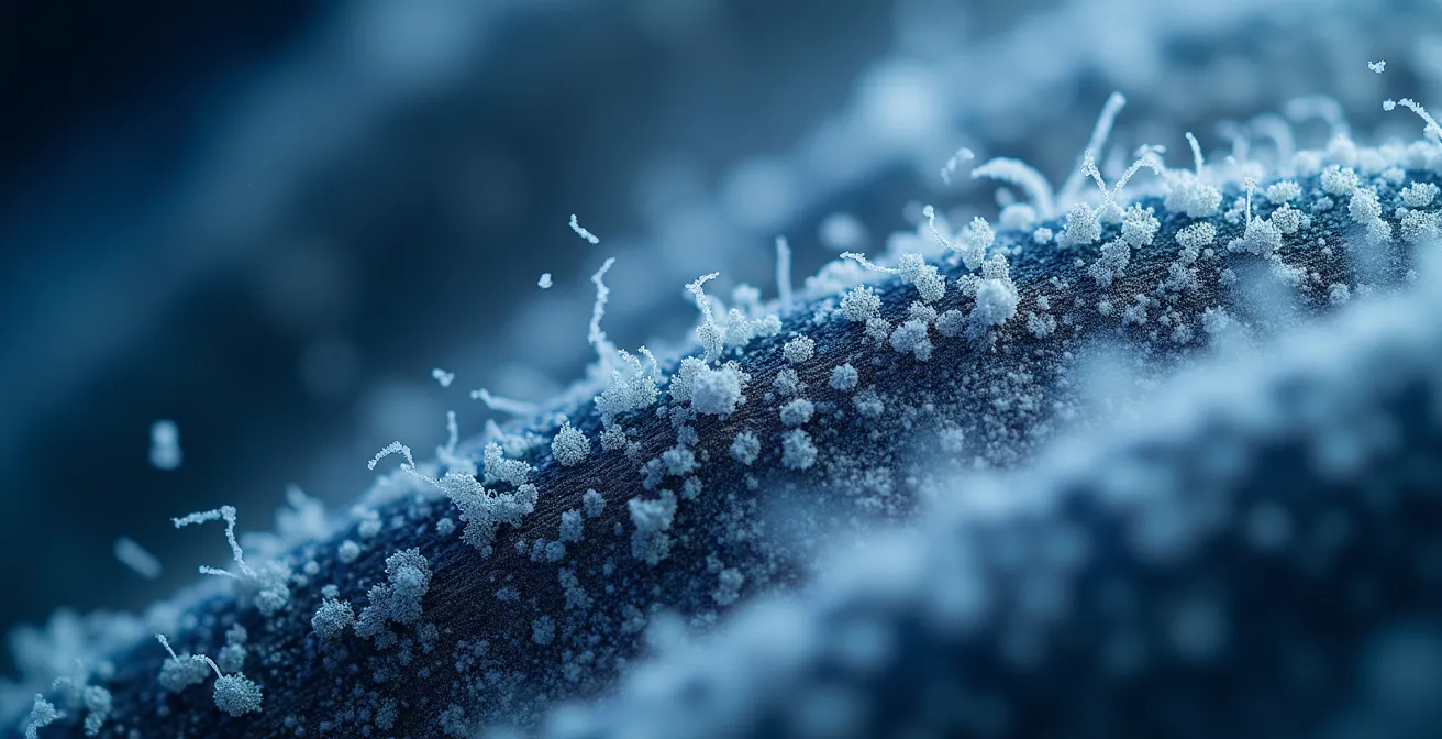 Vue microscopique de fibres de jean avec accumulation de particules et zones d'usure par friction