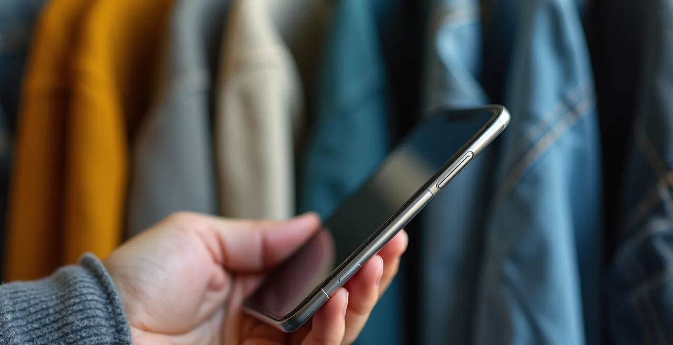 Main tenant un smartphone montrant une interface floue de vente de vêtements d'occasion