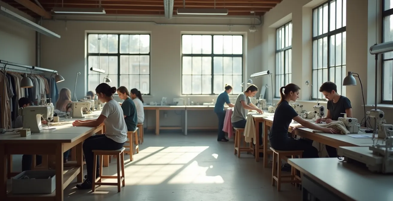 Atelier de confection textile français avec des couturières au travail