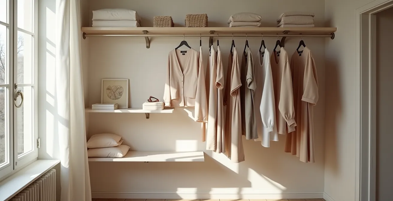 Garde-robe capsule avec vêtements fluides adaptables disposés harmonieusement