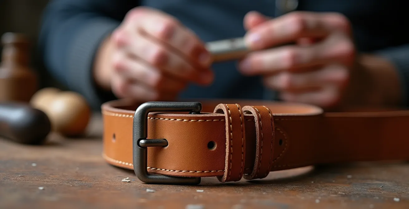 Gros plan sur une ceinture en cuir véritable avec boucle sobre dans un atelier français