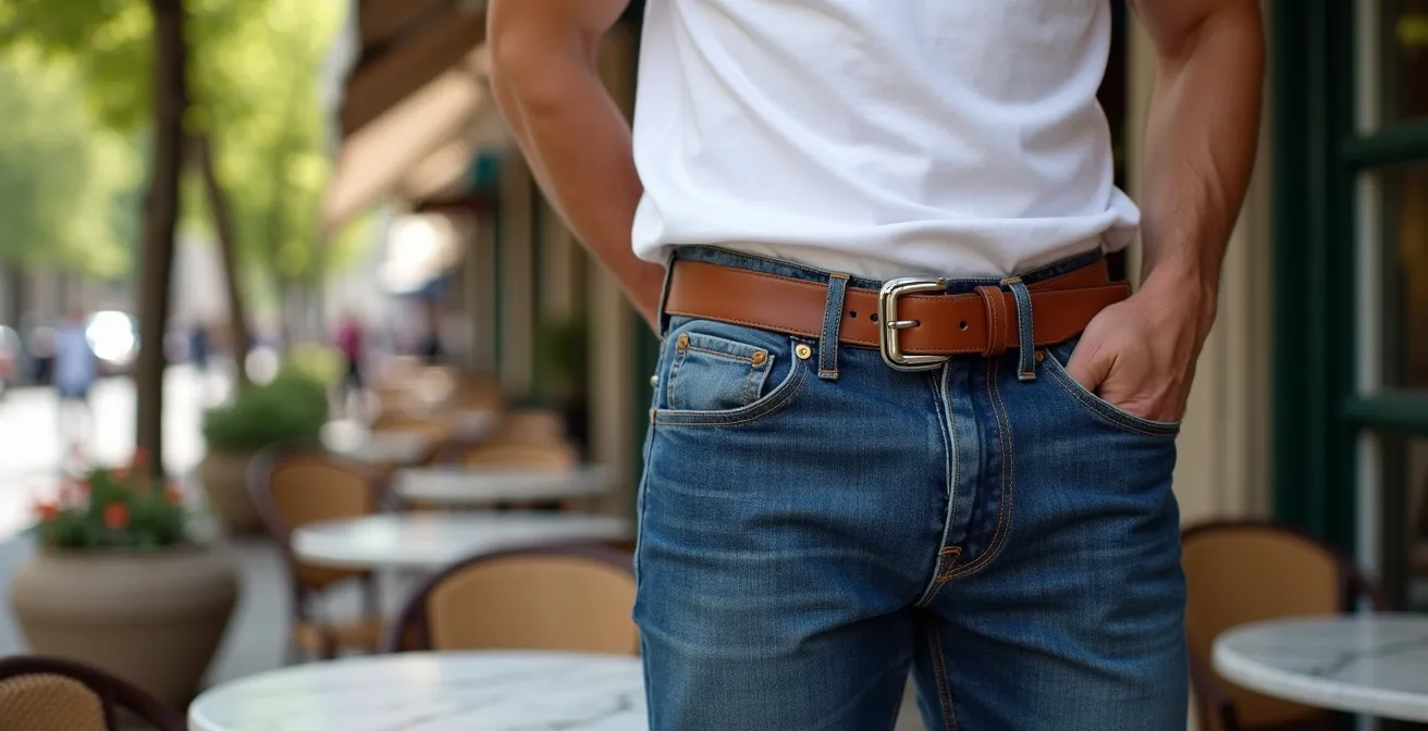 Détails d'une ceinture en cuir de qualité portée avec un jean, montrant les textures et la structure de la silhouette