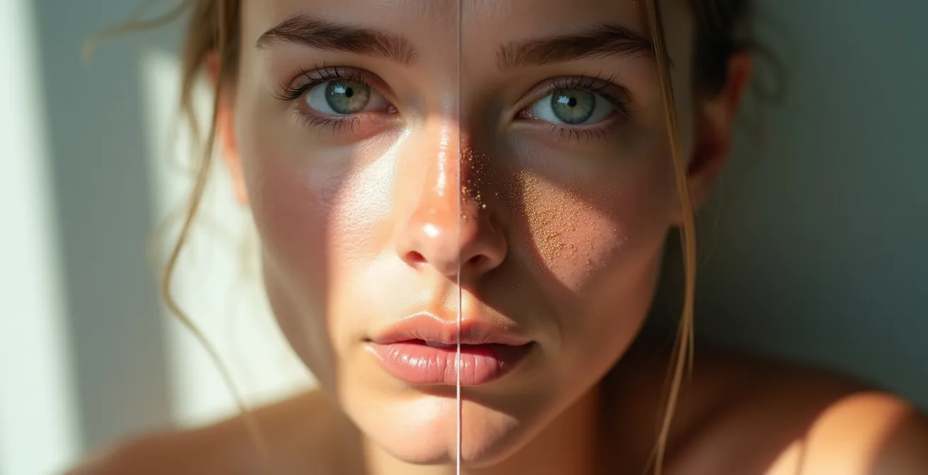 Vue microscopique de cellules cutanées obstruées par des particules de pollution et de maquillage