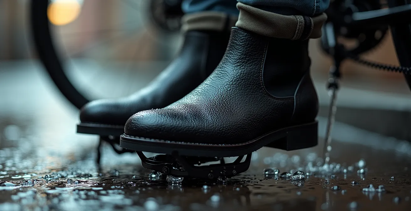 Bottines en cuir imperméabilisé sur pédale de vélo avec gouttes d'eau perlant sur la surface