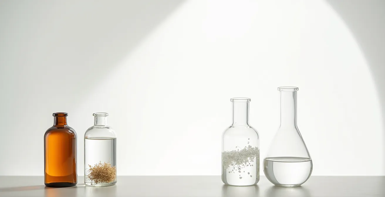 Laboratoire cosmétique moderne avec flacons d'actifs naturels et synthétiques côte à côte