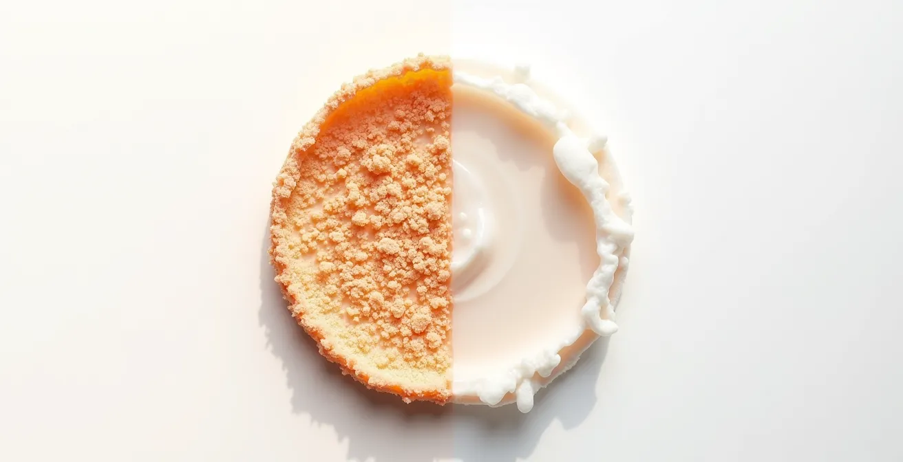 Comparaison visuelle entre l'action d'un gommage mécanique et d'un exfoliant chimique sur la peau