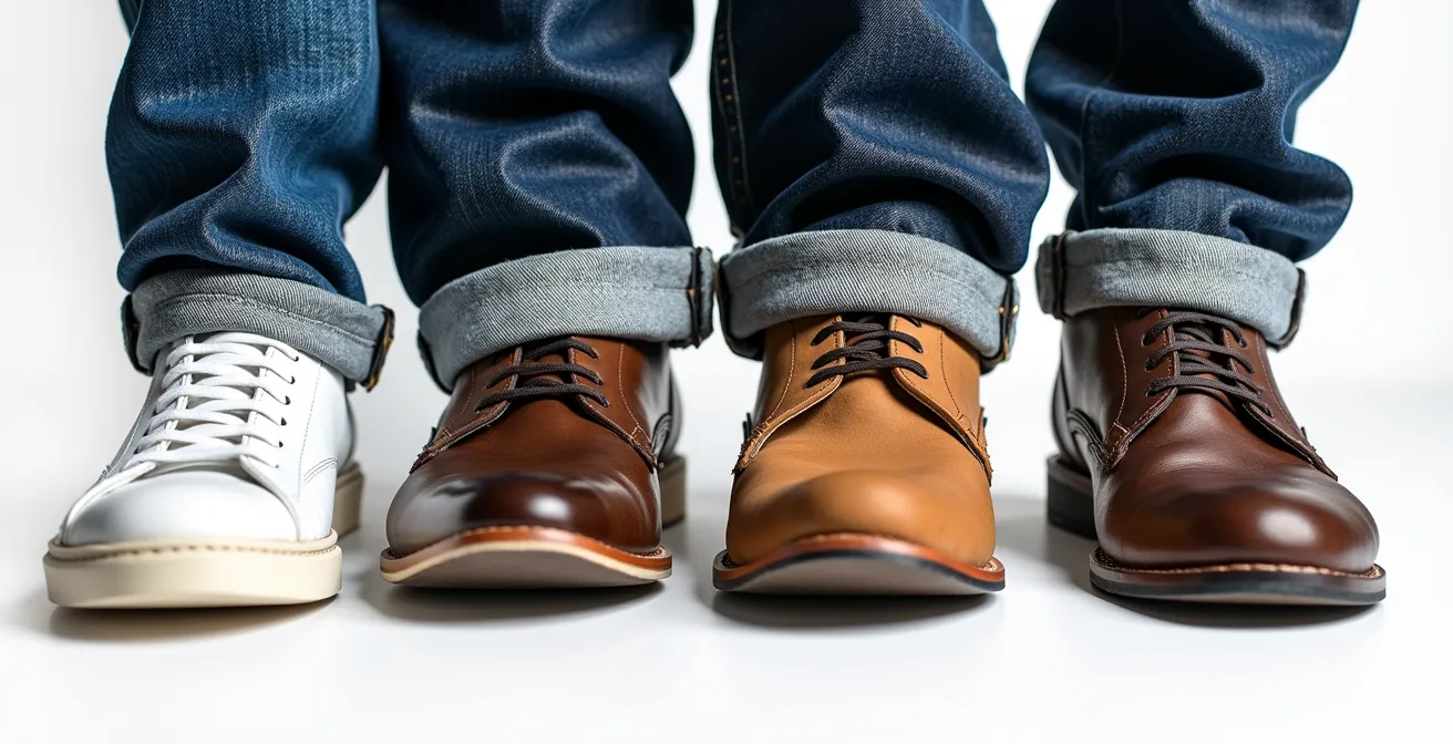 Comparaison visuelle de différents types d'ourlets de jean avec diverses chaussures, montrant l'impact sur la silhouette