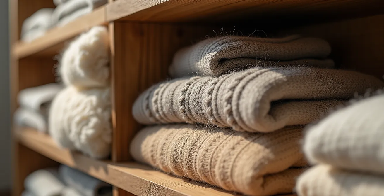 Gros plan sur trois pulls en cachemire de haute qualité posés avec soin sur une étagère en bois dans un dressing épuré