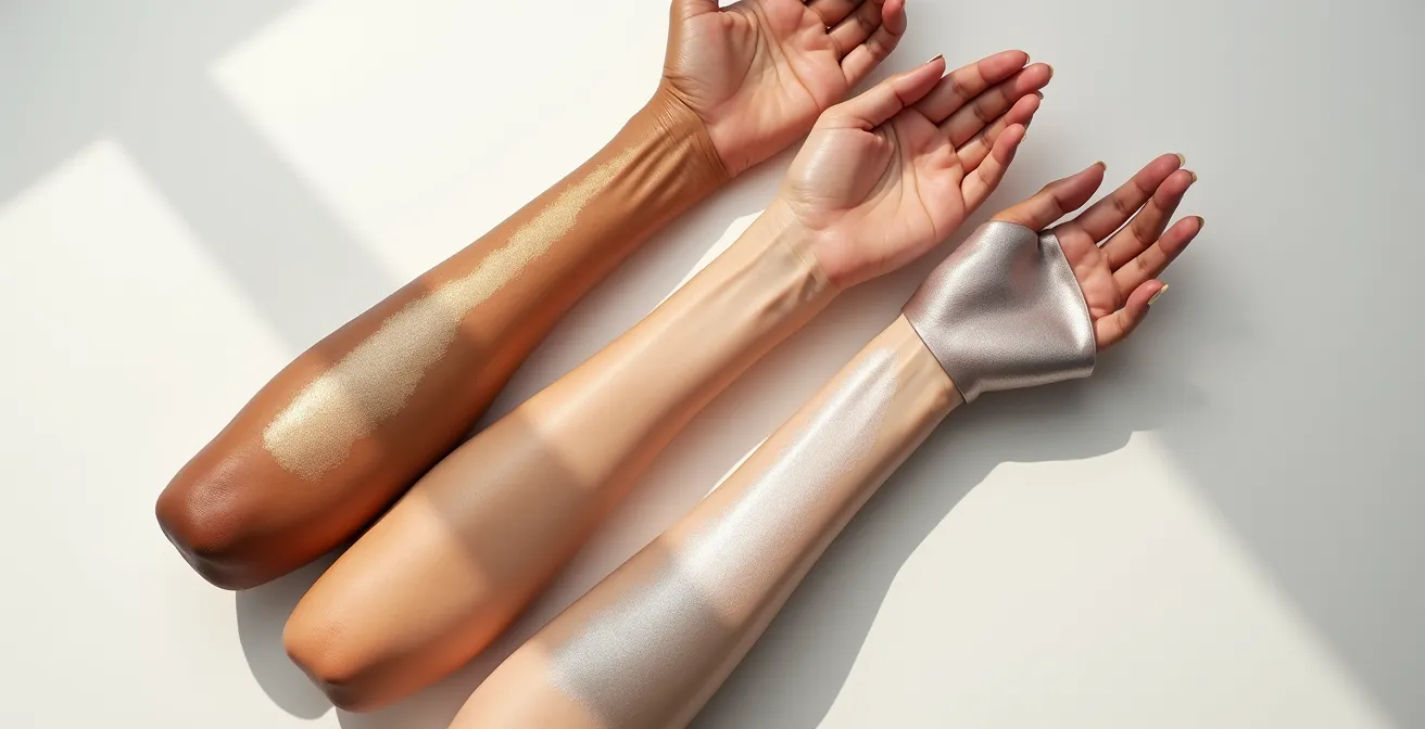 Trois bras côte à côte montrant différents sous-tons de peau avec des tissus dorés et argentés