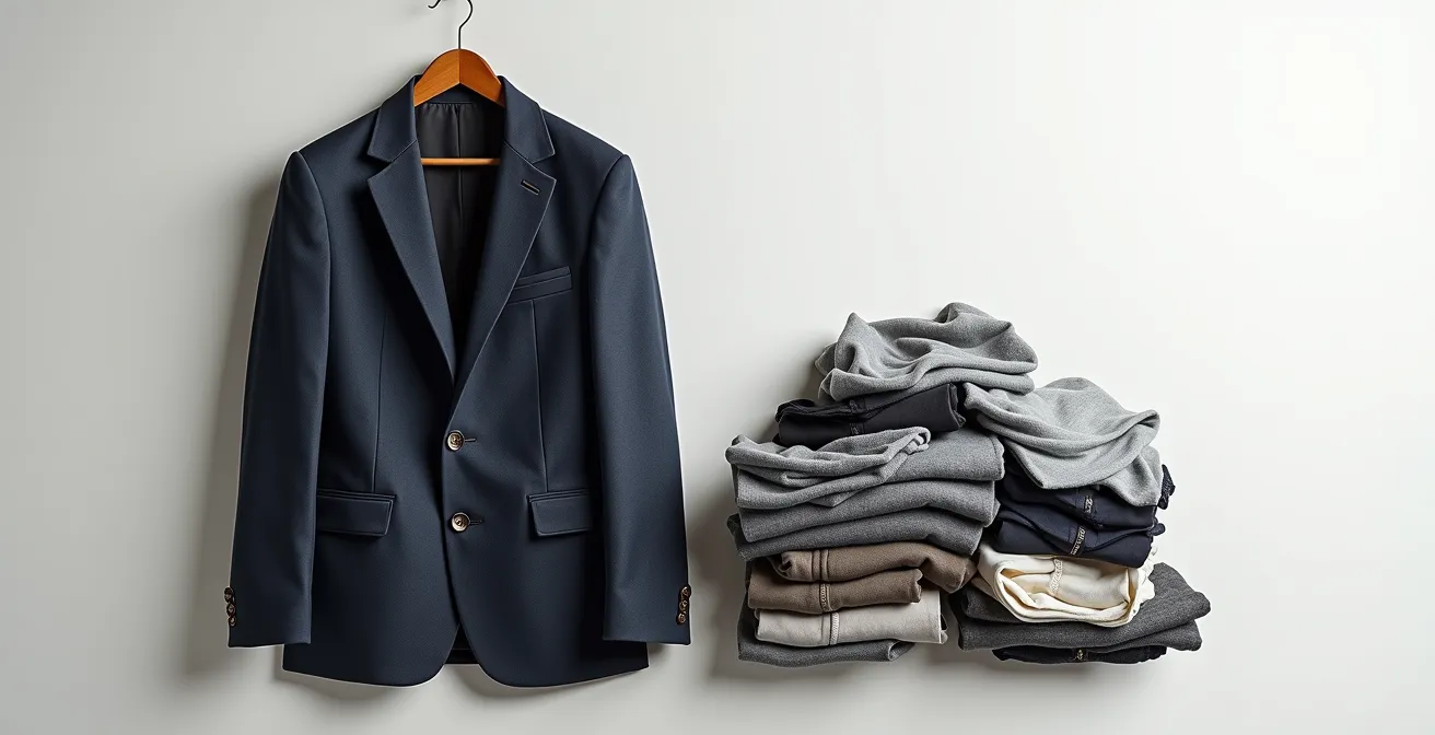 Comparaison côte à côte d'une veste structurée et de t-shirts basiques illustrant la durabilité