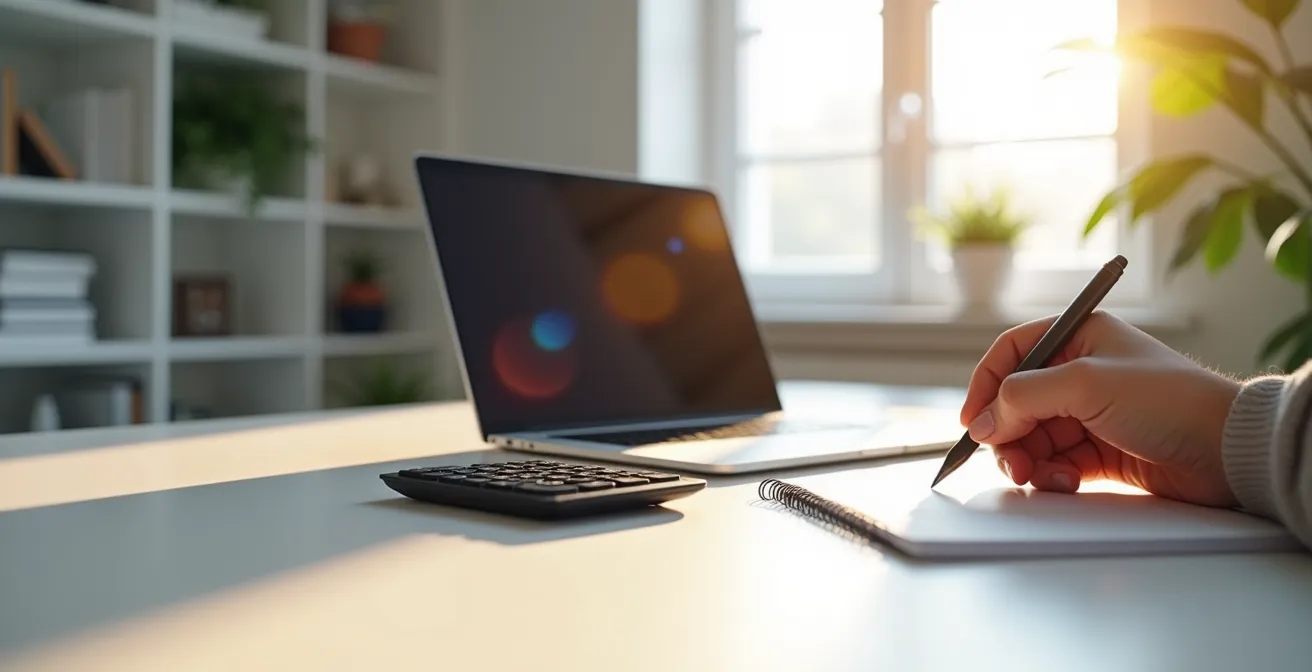 Vue d'ensemble d'un bureau avec ordinateur portable montrant des graphiques de prix