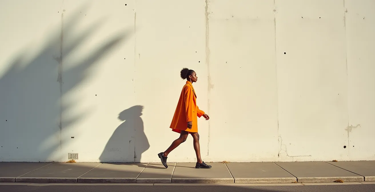 Femme marchant avec assurance dans une rue française, vêtue d'une pièce colorée audacieuse