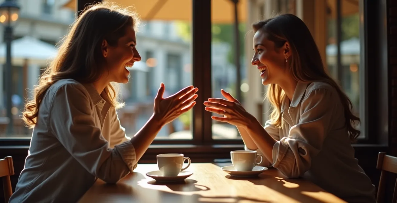 Deux personnes en conversation animée dans un café français, illustrant un échange positif et authentique