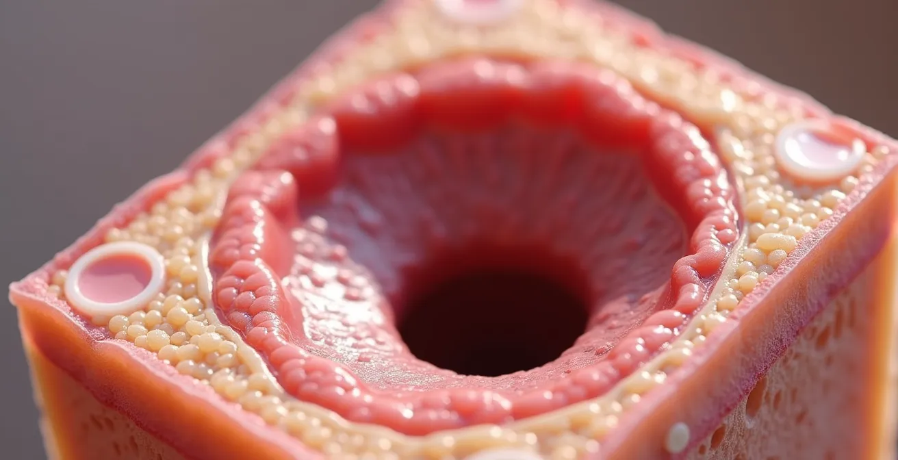 Vue microscopique en coupe de la peau montrant un kyste d'acné en profondeur