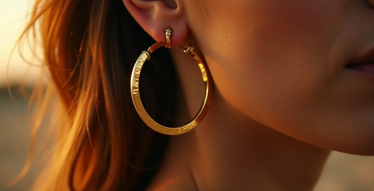 Gros plan sur des créoles dorées illuminant délicatement le visage d'une femme