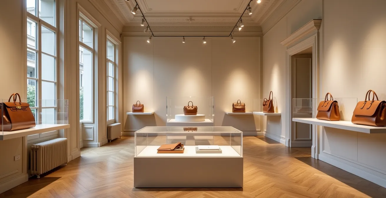 Intérieur épuré d'un dépôt-vente de luxe parisien avec sacs authentifiés