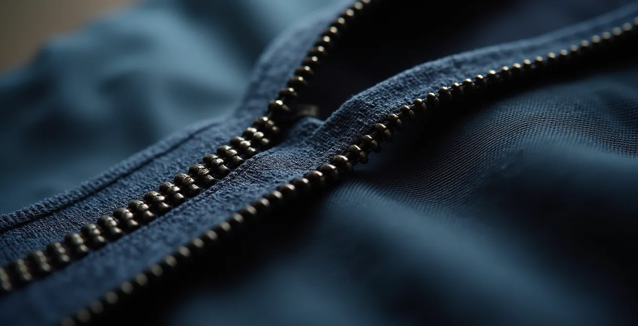 Détail macro d'une fermeture éclair de qualité montrant la bande de tissu robuste et les dents métalliques