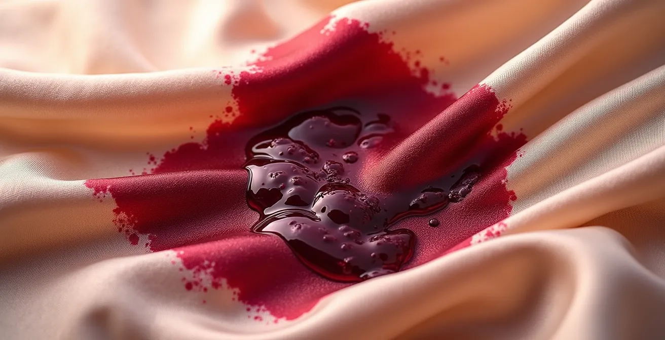 Détail macro d'une tache de vin sur un tissu de soie luxueux