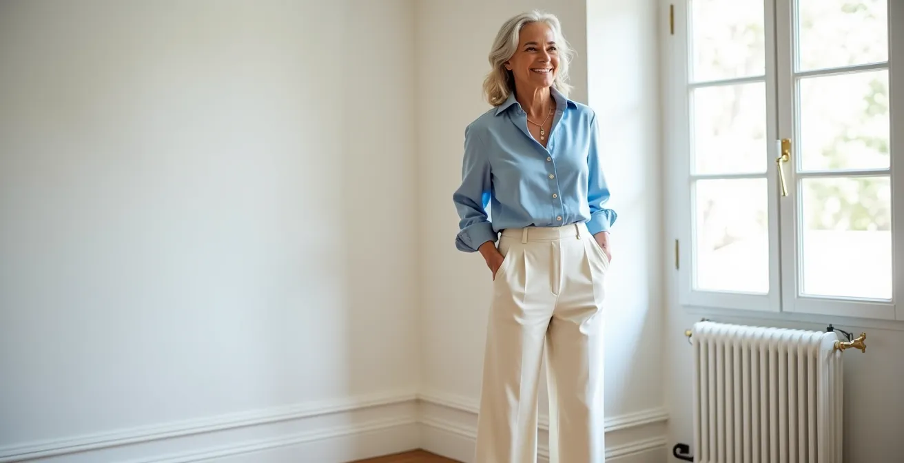 Femme portant un pantalon palazzo fluide avec un haut ajusté en soie, créant une silhouette équilibrée