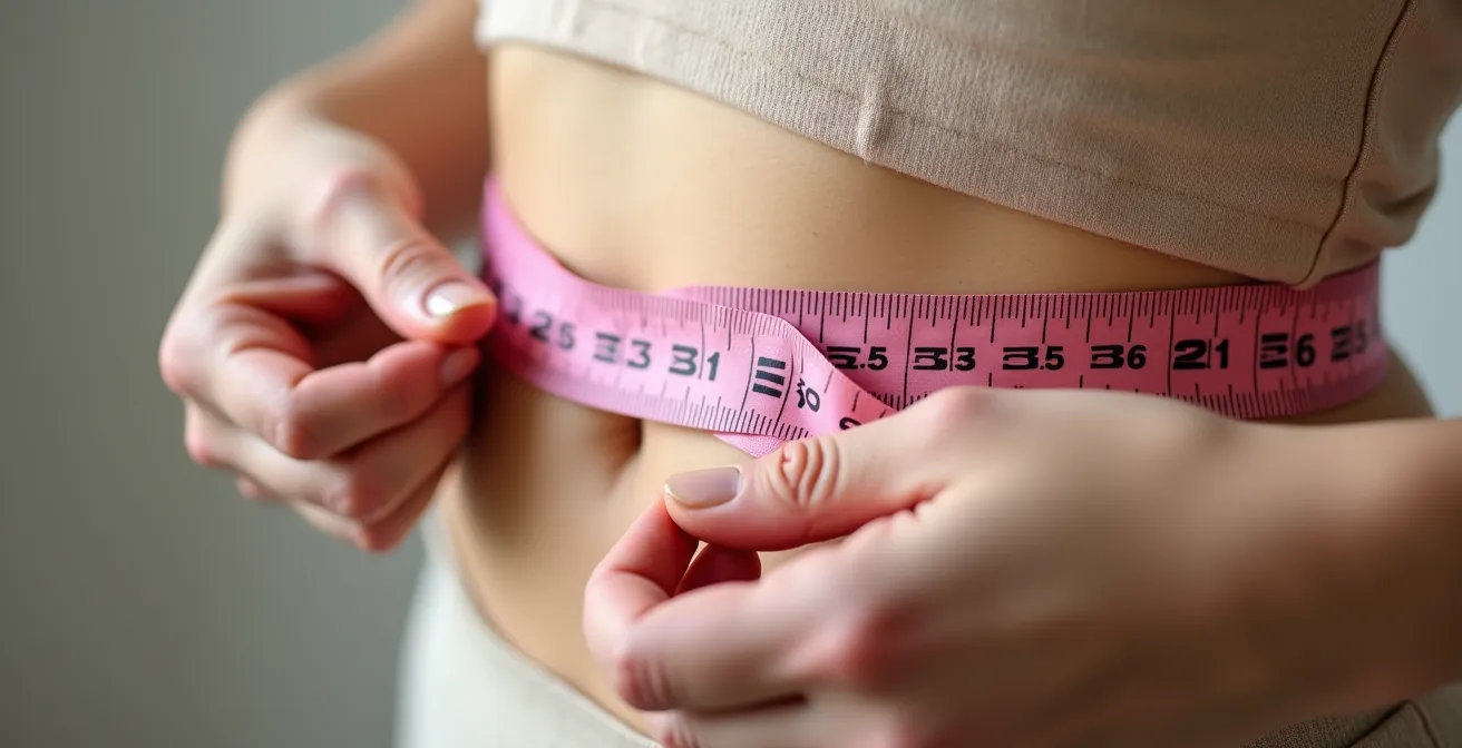 Femme utilisant un mètre ruban pour mesurer son tour de poitrine avec précision