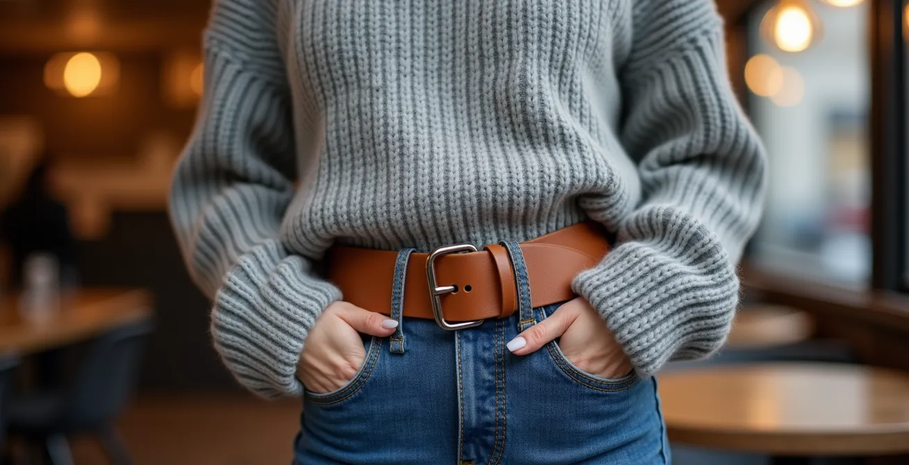 Femme petite portant un pull oversize avec ceinture en cuir pour marquer la taille