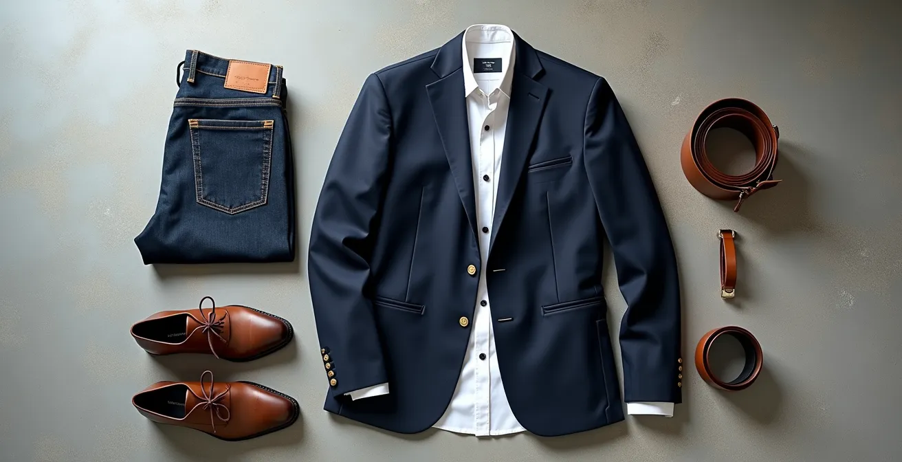 Ensemble professionnel avec jean brut, blazer structuré et chaussures en cuir