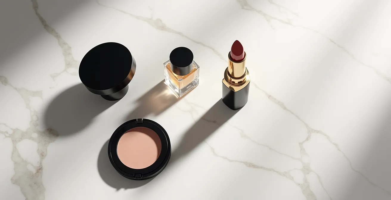Kit de maquillage minimaliste disposé élégamment sur une surface de marbre