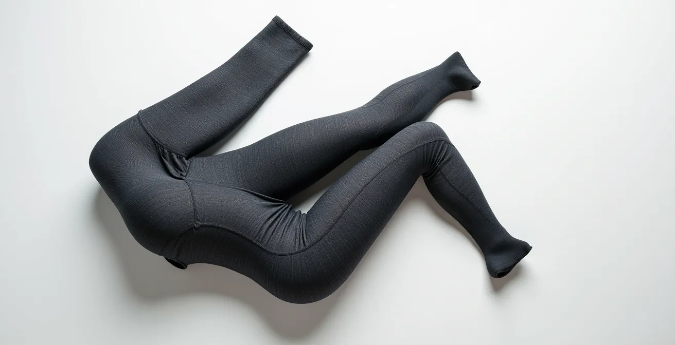Détail technique d'un legging de sport montrant la construction du gousset