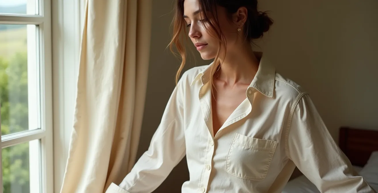 Chemise en lin beige naturellement froissée portée avec désinvolture dans un intérieur lumineux