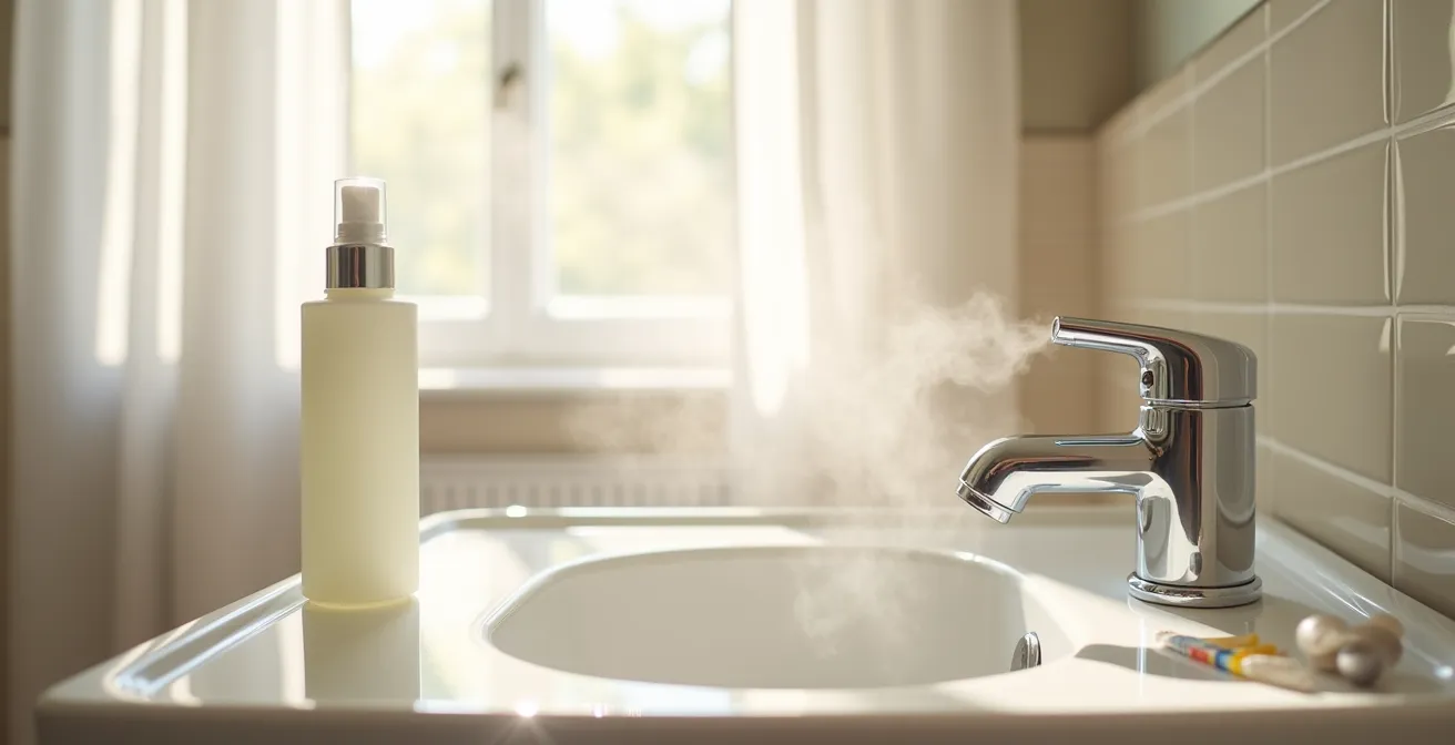 Application d'une lotion tonique sur la peau avec brume fine d'eau pour rééquilibrer le pH après contact avec une eau calcaire.