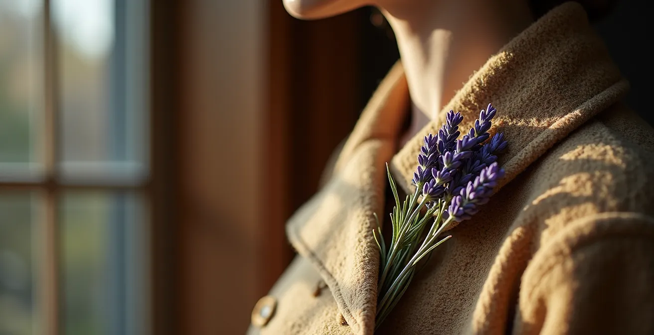 Manteau vintage suspendu avec sachets de lavande et herbes de Provence dans un dressing épuré