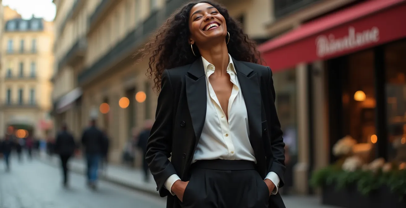 Personne élégante portant un smoking revisité dans une rue pavée du Marais