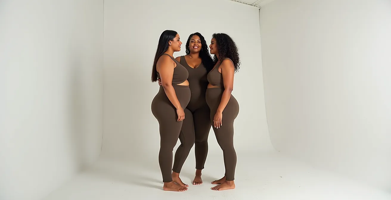 Composition artistique montrant différentes silhouettes féminines avec le même vêtement, illustrant la diversité morphologique