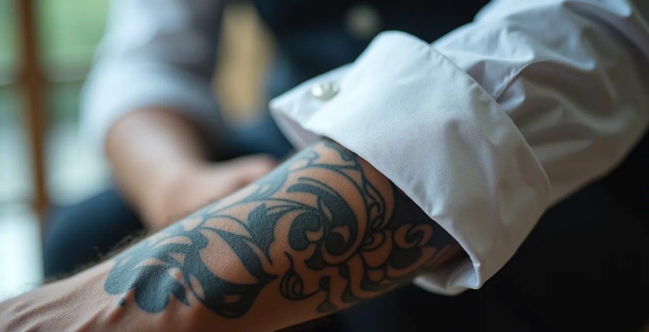 Gros plan sur une manche de chemise professionnelle révélant subtilement un tatouage artistique