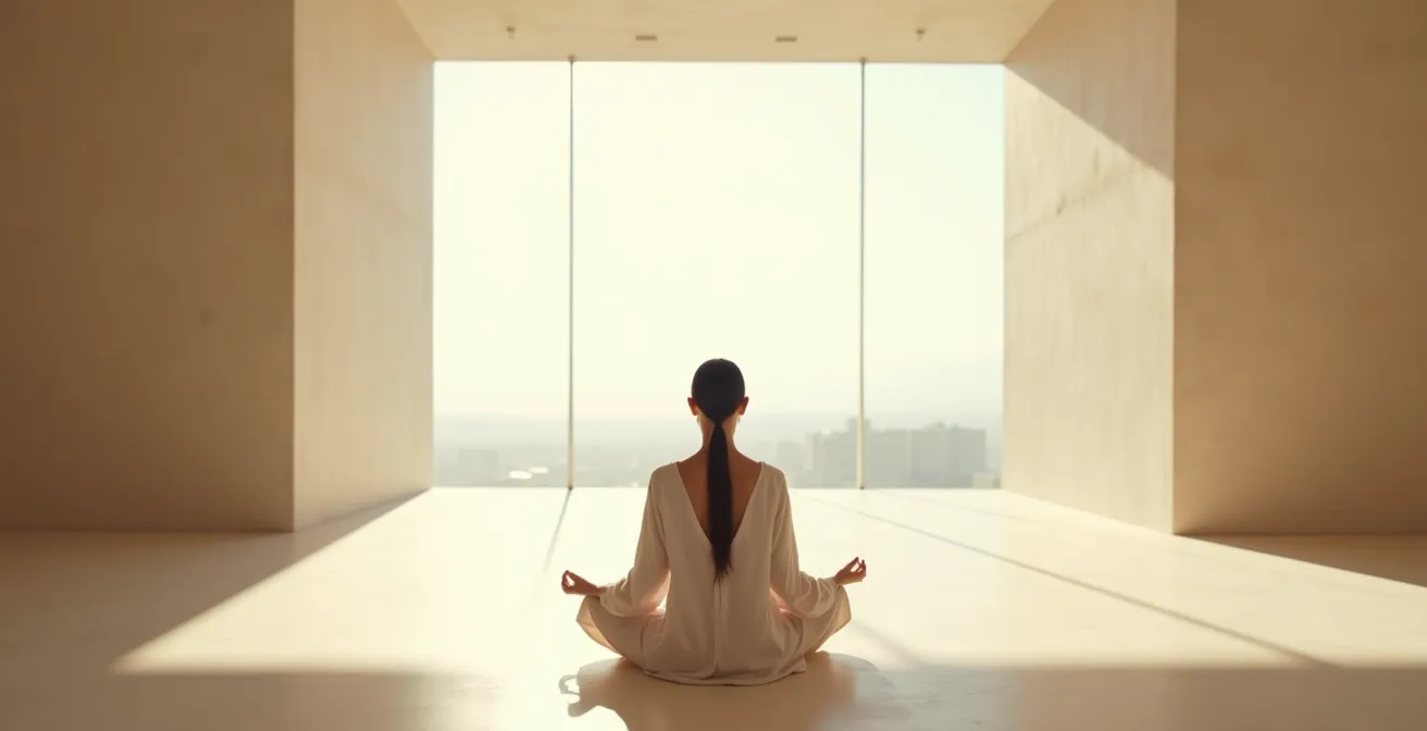 Vue large d'un espace minimaliste avec une personne en méditation, environnement épuré suggérant la paix intérieure
