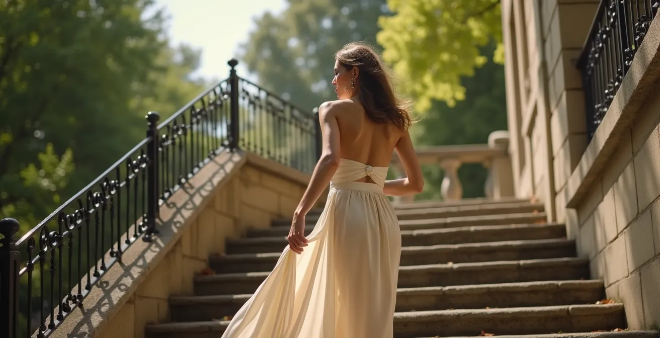 Vue de profil d'une femme montant des escaliers avec un nœud drapé sur le côté de sa robe