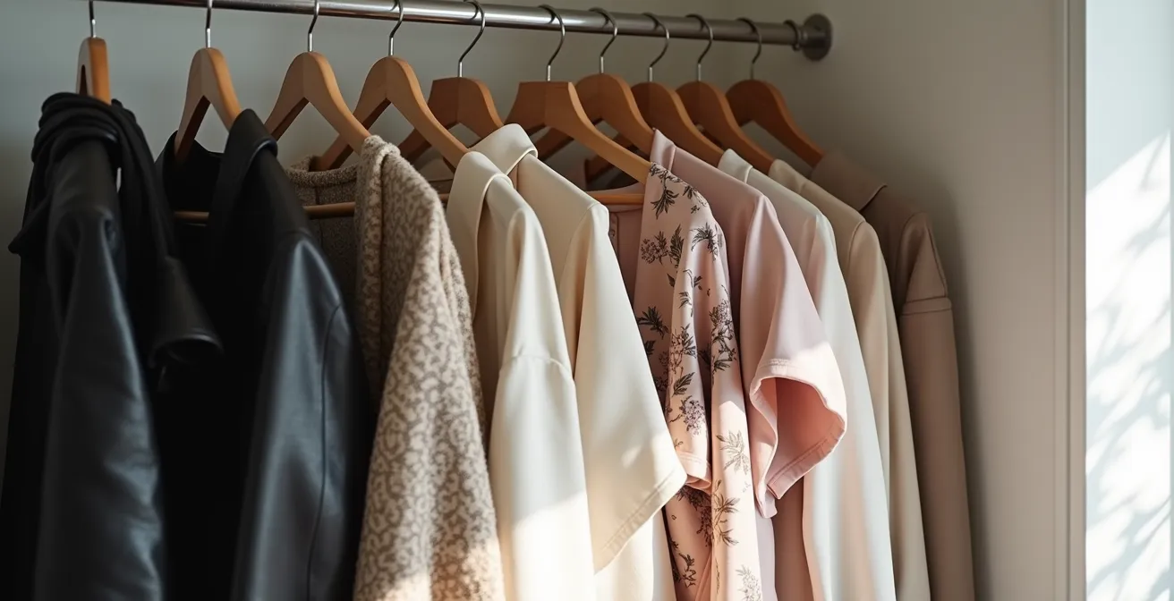 Vue d'ensemble d'un dressing organisé en trois zones distinctes montrant la méthode de rangement pour mixer les styles