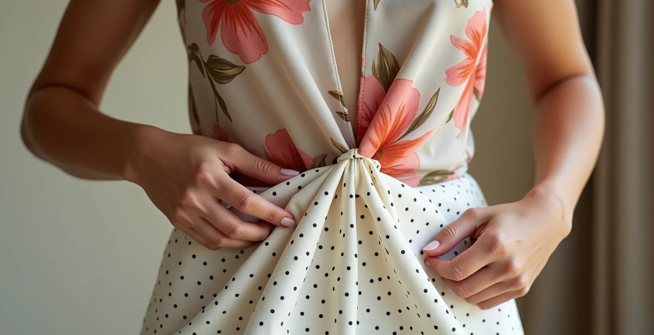 Démonstration visuelle de l'équilibre entre grands motifs floraux et petits pois sur une silhouette