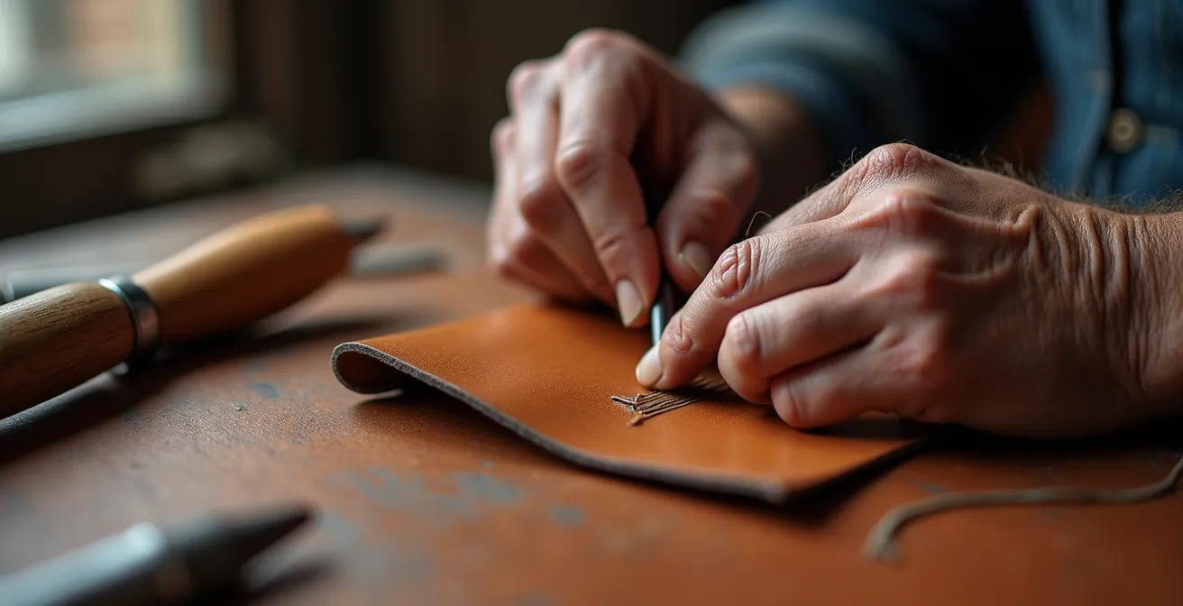Mains d'artisan travaillant sur la restauration d'un sac en cuir précieux