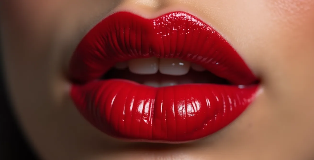 Gros plan sur des lèvres rouges avec une texture naturelle et floue, style éditorial français