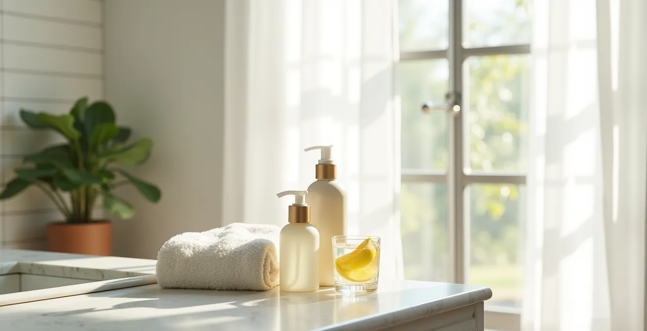 Une salle de bain lumineuse avec des produits de soin disposés harmonieusement, évoquant une routine apaisante