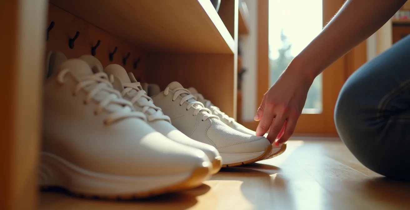 Paire de baskets blanches vue de profil montrant la structure de la semelle en mousse