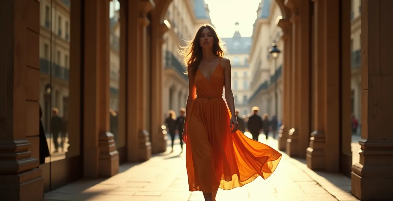 Interprétation moderne de la silhouette New Look Dior dans un environnement parisien