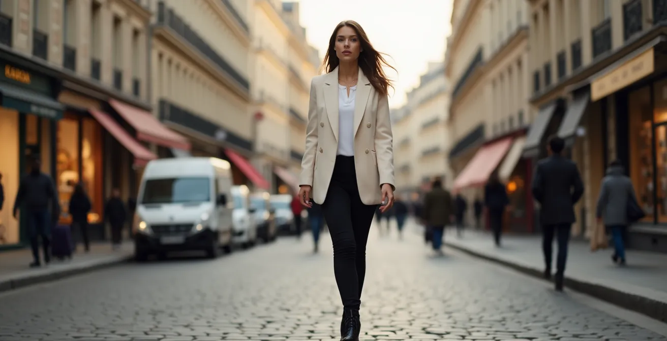 Femme élégante dans une rue parisienne portant un legging avec un blazer oversize et des bottines
