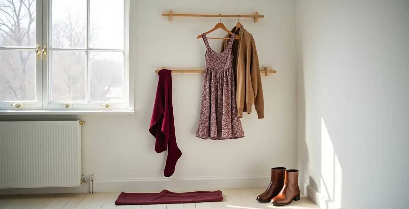 Ensemble hivernal avec robe fleurie, collants en laine et gilet en maille épaisse