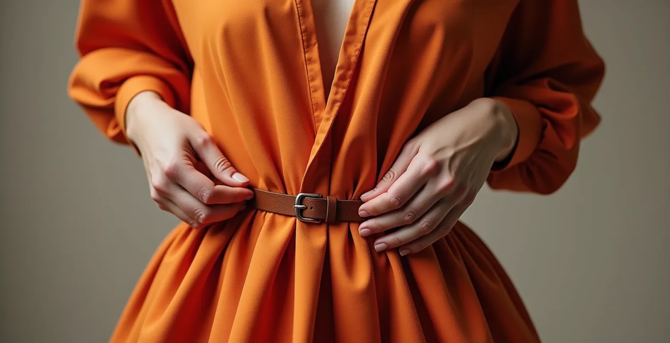 Gros plan sur une ceinture fine créant un effet blousant sur une robe longue