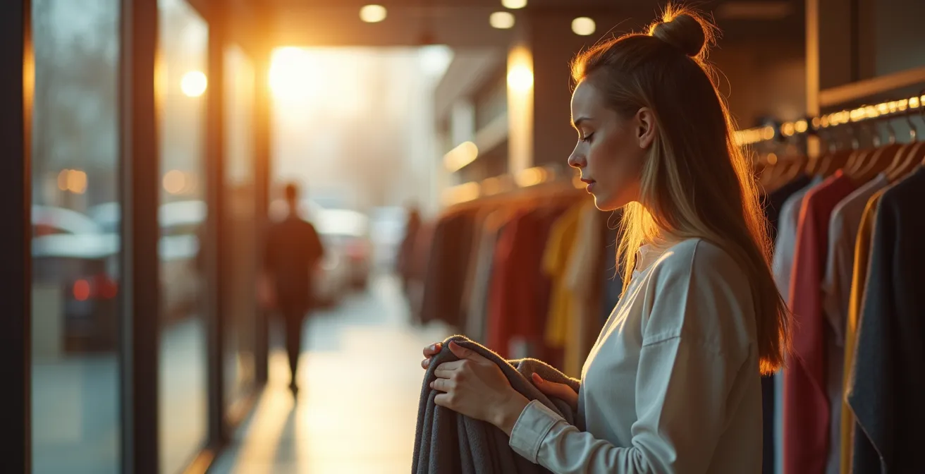 Femme testant un vêtement près de l'entrée d'un magasin sous lumière naturelle