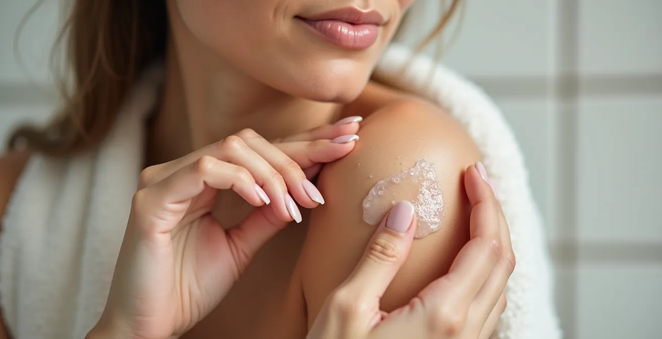 Mains appliquant un sérum par pression douce sur un visage encore humide pour optimiser l'absorption.