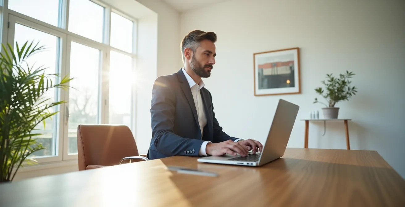 Personne en tenue professionnelle complète travaillant depuis son domicile